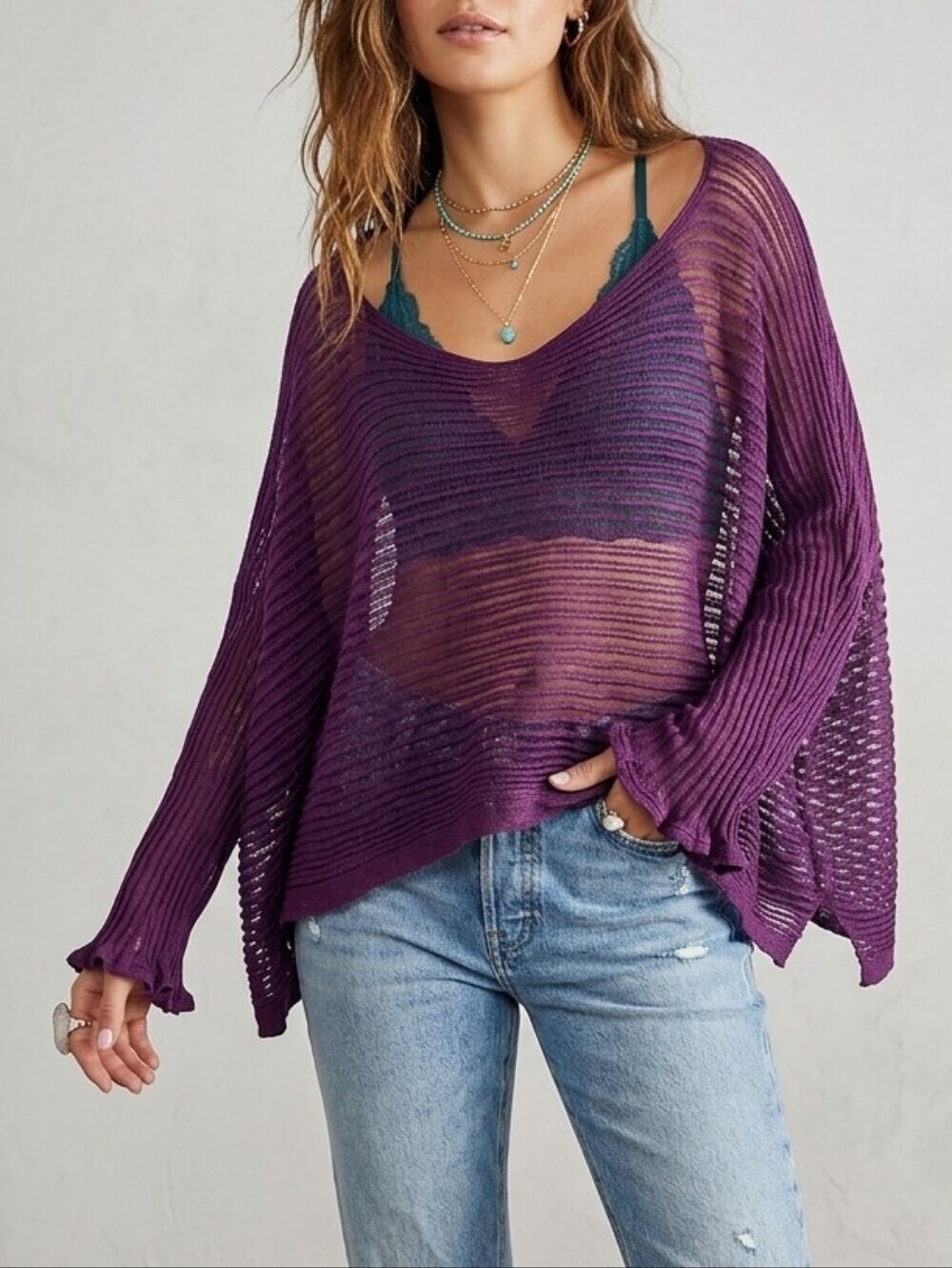Purple Oversized Lightweight Open Knit Long Sleeve Top Sheer Festival One Size
